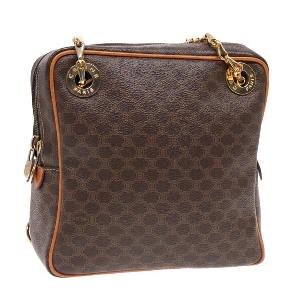 CELINE Macadam Canvas Shoulder Bag PVC Leather Brown Gold Auth 92489 - Picture 1 of 16